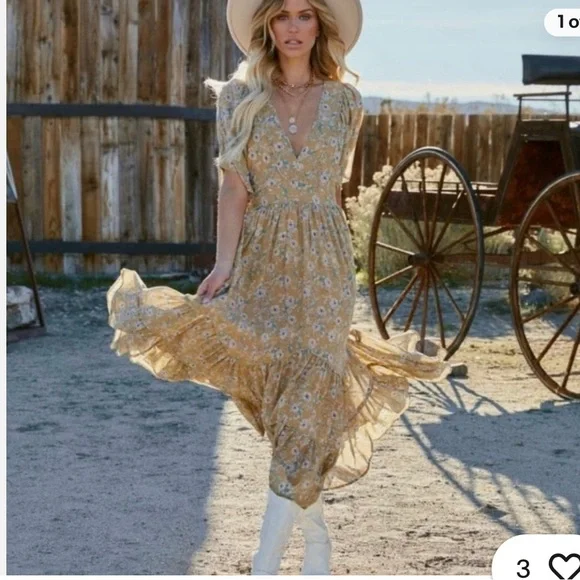 Storia Clarity Tiered Ruffle Floral Cottage Core Washed Yellow Maxi Dress Med - Picture 5 of 16